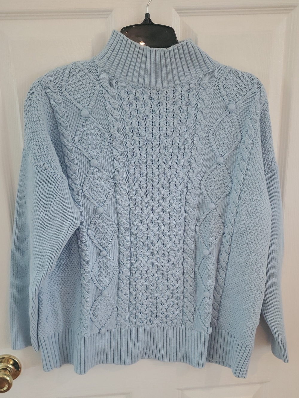 J Crew Light Blue Cable Knit Mock Neck Sweater
